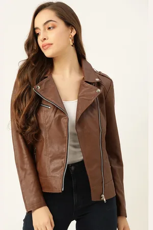 Leather Retail Women Brown Graphic Printed Lightweight Leather Jacket