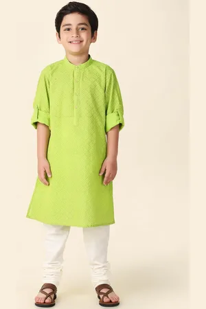 Fabindia Boys Geometric Band Collar A-Line Roll-Up Sleeves Kurta