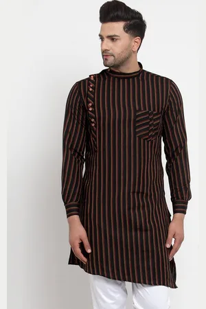 KLOTTHE Men Black Striped Asymmetric Kurta
