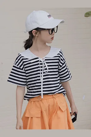 LULU & SKY Girls Striped V-Neck Drop-Shoulder Sleeves Monochrome Pockets T-shirt