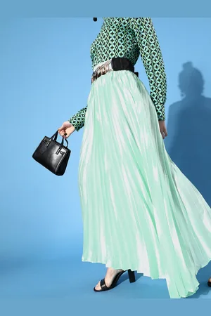 Cation Women Gorgeous Mint Green Solid Accordion Pleated Skirt