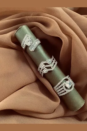 ATIBELLE Set Of 3 Silver-Plated CZ Stone-Studded Layered Adjustable Finger Rings