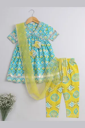 The Magic Wand Girls Ethnic Printed Empire Pure Cotton Kurta With Trousers & Dupatta