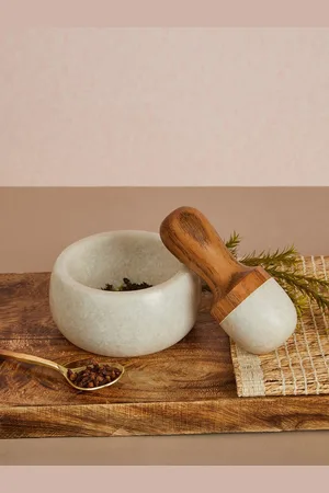 Fabindia White & Brown Rasoi Marble & Wood Mortar Pestle Set