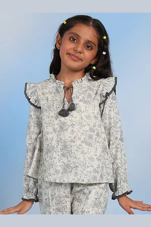 BAESD Girls Floral Printed Tie-Up Neck Puff Sleeves Cotton Top