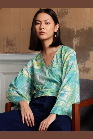 all about you Geometric Print Flared Sleeve Wrap Crop Top