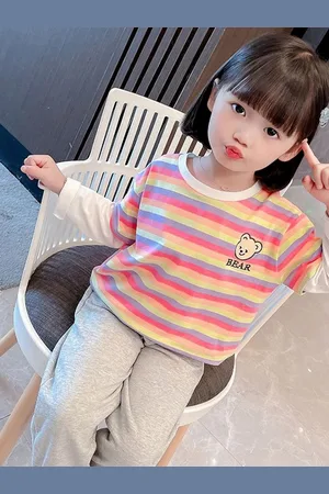 LULU & SKY Girls Striped Round Neck Cotton Relaxed Fit T-shirt