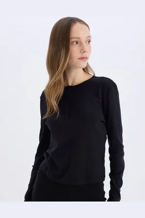 DeFacto Women Henley Neck Extended Sleeves Pockets T-shirt