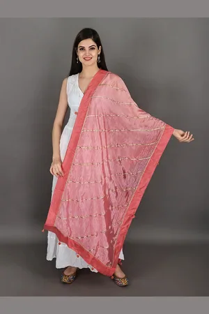 Exotic India Flamingo Pink Gota Silk Dupatta with Patch Border and Pom-Poms