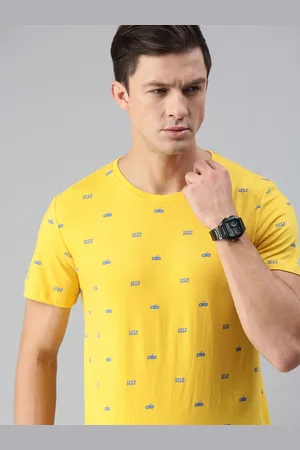 WROGN Men Yellow Grey Printed Pure Cotton T-shirt