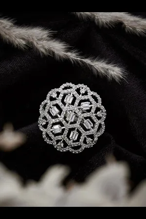 ATIBELLE Silver-Plated Cubic Zirconia-Stones Studded Floral Adjustable Finger Ring