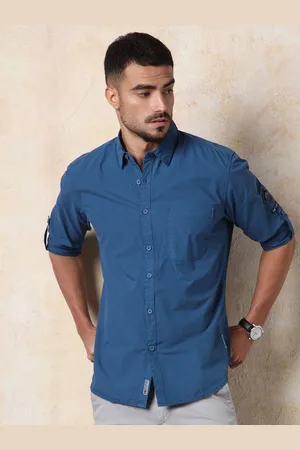 High Star Men Regular Fit Utility Heavy Washed Spread Collar Solid Cotton Casual Shirt
