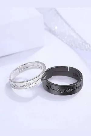 DIVASTRI Set Of 2 Heart-Beat Black Silver Couple Finger Rings