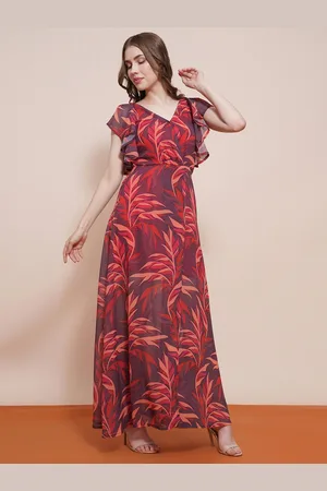 Globus Women V-Neck Flutter Sleeves Tropical Printed Front Slit Fit & Flare Maxi Dress