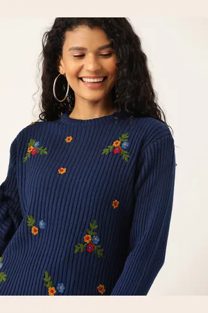 DressBerry Women Navy Blue Ribbed Ribbed Embroidered Sweater