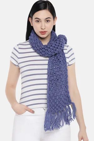 Magic Needles Women Blue Self Design Bobble Stitch Handmade Scarf