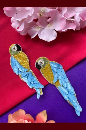Digital Dress Room Gold Plated Peacock Shaped Stone Beaded Drop Earrings