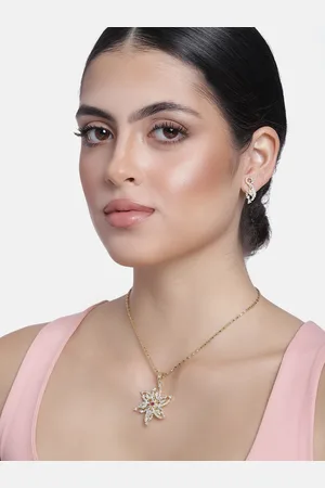 ESTELE White Gold Plated CZ Flower Shaped Jewellery Set with Ruby Stones