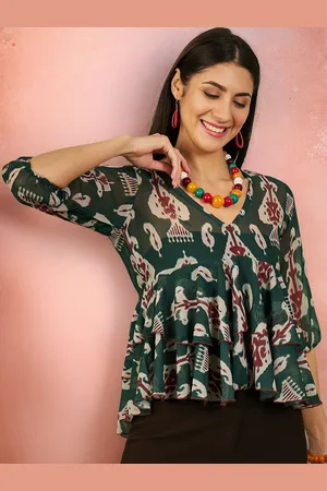 Sangria Printed Puffed Sleeves Peplum Top