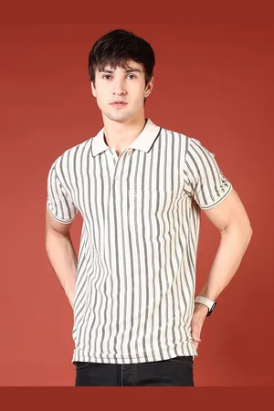 V-Mart Men Striped Polo Collar Drop-Shoulder Sleeves Pockets Slim Fit T-shirt