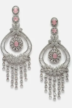 Anouk Pink Rhodium-Plated American Diamond Drop Earrings