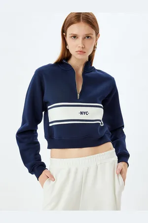Koton Women Striped Mock Collar Cotton Pullover Sweatshirt