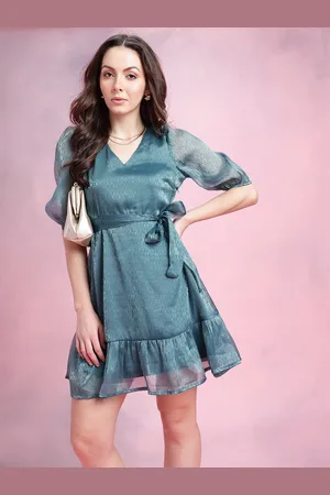 DressBerry Geometric Self-Design Puff Sleeves Party Fit & Flare Dress with Belt