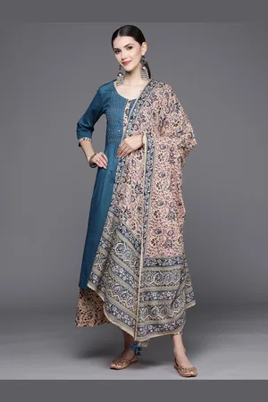 Biba Women Teal Blue & Beige Empire Sequinned Pure Cotton Kurta with Palazzos & Dupatta