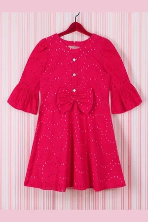 CACA CINA Girls Round Neck Bell Sleeve Cotton Fit & Flare Dress