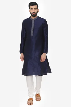 Manyavar Men Navy Blue & White Solid Kurta with Pyjamas