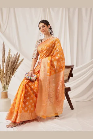 DIVASTRI Banarasi Organza Soft Silk Yellow Saree With Small Floral Border