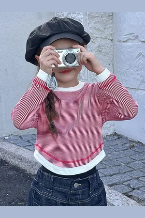 LULU & SKY Girls Striped Extended Sleeves Pockets T-shirt