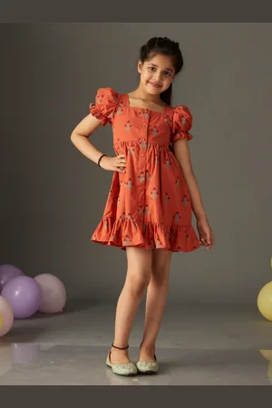 KidsDew Girls Floral Print Puff Sleeves Cotton Fit & Flare Dress