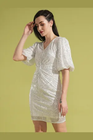 Globus Sequinned Puff Sleeve Net Twisted Detail Sheath Dress