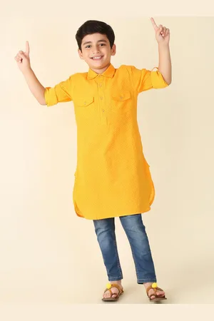 Fabindia Boys Geometric Woven Design Shirt Collar Pathani Cotton Kurta