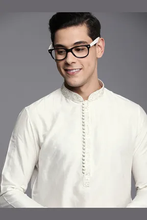 Manyavar Men White Woven Design Kurta with Churidar