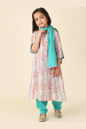 Fabindia Girls Floral Printed Pure Cotton Kurta with Salwar & Dupatta