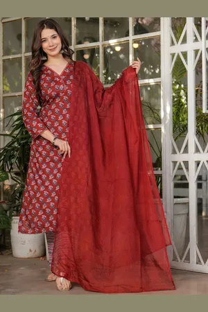 Ethnic Yard Floral Printed V-Neck Pure Cotton Straight Kurta With Trouser & Dupatta
