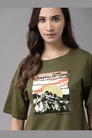 Roadster The Lifestyle Co Women Olive Green & White Boxy Pure Cotton Printed Round Neck T-shirt