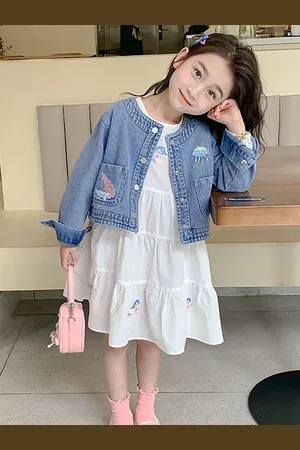 LULU & SKY Girls Embroidered Round Neck Cotton Fit and Flare Dress With Denim Jacket