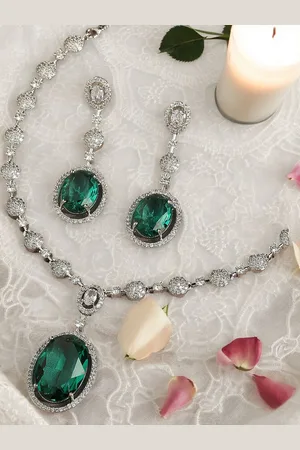 OOMPH Silver-Toned AD-Studded Large Oval Drop Pendant Necklace Set With Drop Jewellery Set