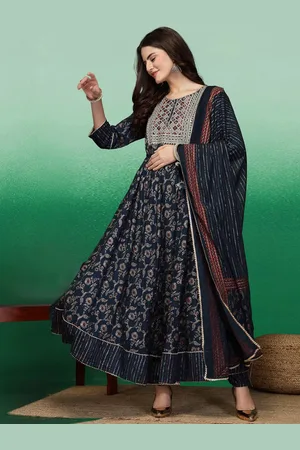 Sangria Navy Blue Floral Printed Sequinned Anarkali Kurta With Trouser & Dupatta
