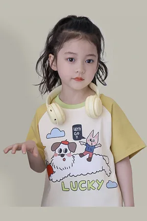 LULU & SKY Girls Printed Drop-Shoulder Sleeves Applique T-shirt