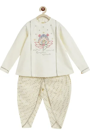 Tiber Taber Girls Ethnic Motifs Embroidered Thread Work Pure Cotton Kurta With Dhoti
