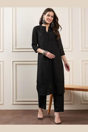 House of Pataudi Floral Embroidered Thread Work Mandarin Collar Georgette Straight Kurtas