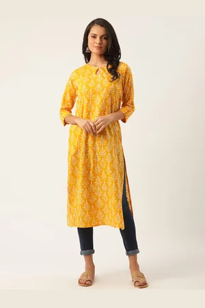 Sangria Women Mustard Yellow & White Printed Pure Cotton Straight Kurta