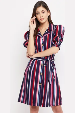 Color Cocktail Women Navy Blue & Red Striped Shirt Dress