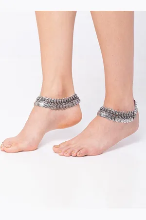 Digital Dress Room Set of 2 Oxidised German Silver Coin Design Anklets With Silver-Plating
