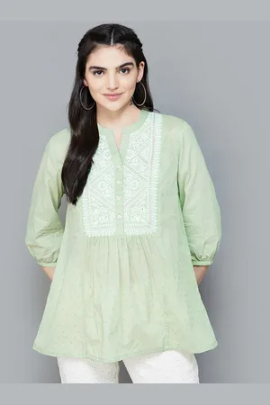 Lifestyle Floral Embroidered Mandarin Collar Cotton Tunic