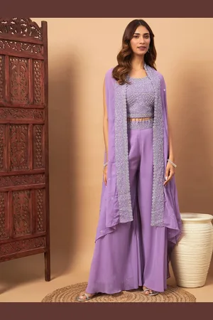 Chhabra 555 Zircon Aari Embroidered Round Neck Georgette Crop Top & Palazzo With Shrug